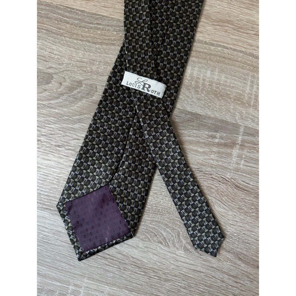 Louis Roth Mens Silk Tie Geometric Basketweave Gray Blue Handmade Necktie